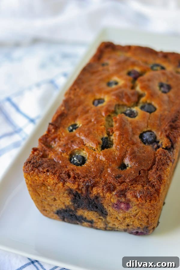 A freshly baked loaf of banana bread speckled with blueberries, cooled and ready to be sliced for enjoyment.