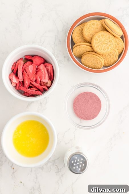 Strawberry Dream Crumble 4 Individual ingredients for Strawberry Crunch: freeze-dried strawberries, Golden Oreos, Jell-O, and butter