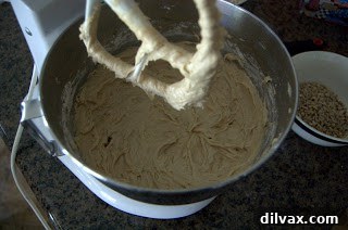 Mixing dry ingredients into the cookie dough