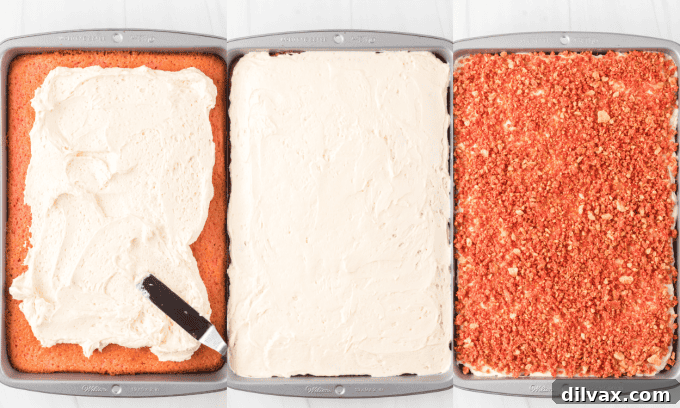 Divine Strawberry Crunch Cake 10 Process photos showing how to frost and decorate a strawberry crunch topping cake.