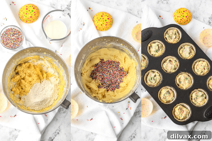 Process collage for Birthday Funfetti Cupcakes