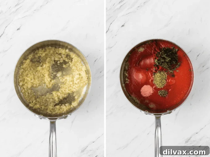 Process photos for making a homemade marinara sauce.