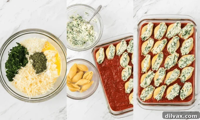 Process photos for making stuffed pasta shells with spinach and ricotta filling.