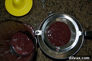 Patriotic Vanilla Berry Pie 4 Strained blueberry purée in a bowl