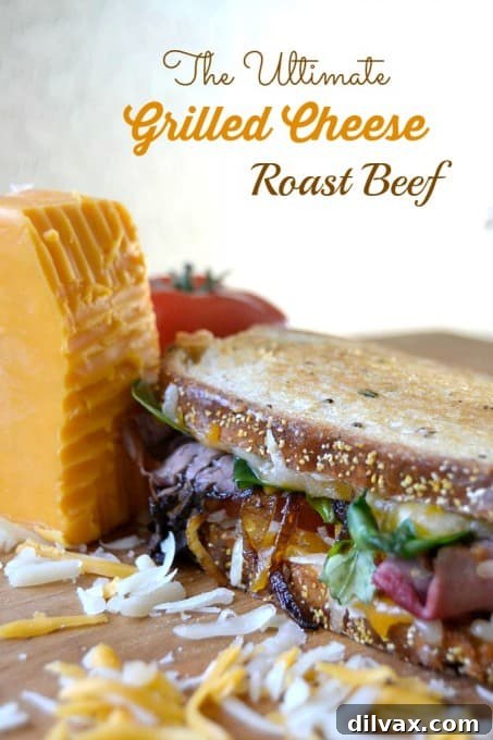 Layers of Wisconsin cheddar and gouda cheeses, caramelized onions, plum chutney and roast beef make up this incredible grilled cheese sandwich!