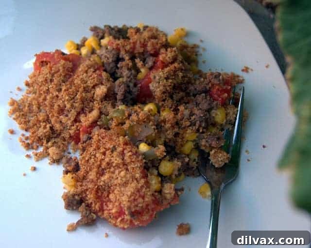 Finished Beef and Corn Casserole, baked to a golden brown.