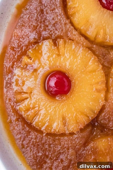 Caramelized Pineapple Flip Cake 3 Slice of Homemade Pineapple Upside Down Cake with Cherries
