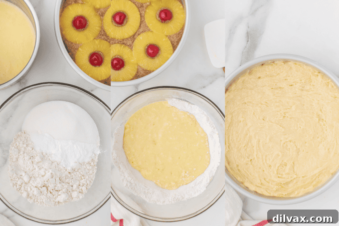 Caramelized Pineapple Flip Cake 7 Step-by-step process photos for making Pineapple Upside Down Cake.