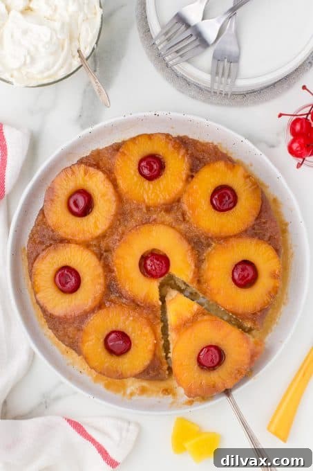 Caramelized Pineapple Flip Cake 9 Beautiful brown sugar topping on cake with pineapple and cherries.