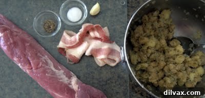 Garlic Herb Roasted Pork Tenderloin 4 A close up of the savory onion stuffing