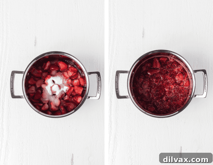 Process photos showing how to make 3 Ingredient Strawberry Sauce.