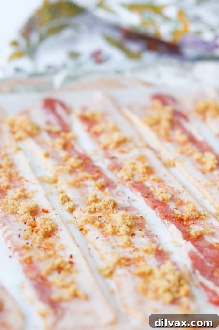 Bacon strips coated with brown sugar and Cajun spice, perfectly arranged on a baking sheet, ready for the oven.