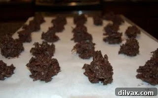 Unbaked chocolate macaroons shaped into haystacks on parchment paper before baking.