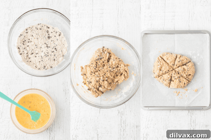 Banana Chocolate Scone Delight 5 A visual guide showing the process of mixing ingredients, forming dough, and cutting wedges for Banana Chocolate Scones before baking.