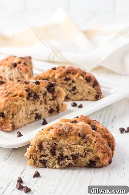 Banana Chocolate Scone Delight 8 A stunning arrangement of freshly baked Banana Chocolate Chip Scones on a wire cooling rack, highlighting their golden crusts and luscious melted chocolate.