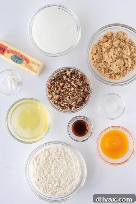 Delta Prime 4 Ingredients laid out for making Delta Bars, including butter, sugar, eggs, flour, baking powder, salt, brown sugar, and pecans.