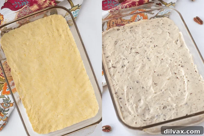 Delta Prime 5 Process shots showing the making of Delta Bars, from mixing the cookie base to spreading the meringue topping.