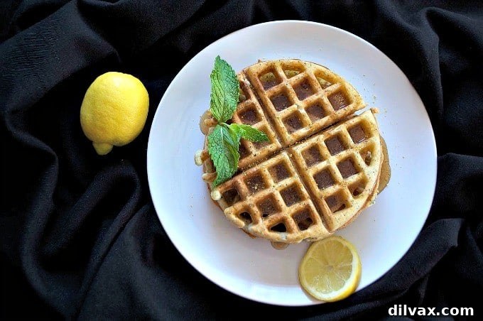 A closer view of the perfectly golden Dairy-Free Lemon Poppy Seed Waffles, revealing their fluffy texture and the subtle speckles of poppy seeds. They are adorned with a light dusting of powdered sugar and fresh berries, enticing for any weekend breakfast or brunch.
