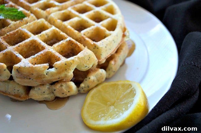 A close-up shot of a single Dairy-Free Lemon Poppy Seed Waffle, freshly made with a golden-brown exterior, highlighting its enticing texture and ready to be served for breakfast or brunch.