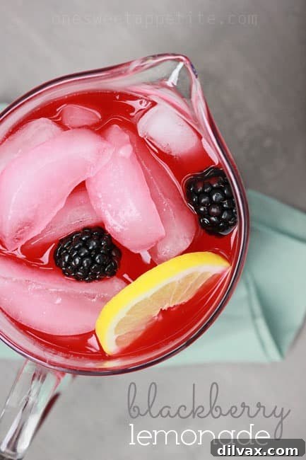 Blackberry Lemonade, a dark red-purple drink garnished with fresh blackberries and mint.