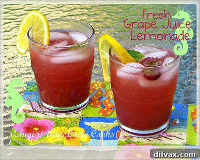 Fresh Grape Juice Lemonade, a purple drink with fresh grapes and lemon slices, offering a unique flavor.