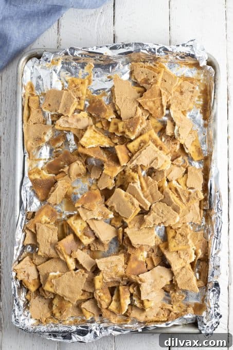 Peanut Butter Caramel Crunch 7 A tray of easy toffee made with saltine crackers.