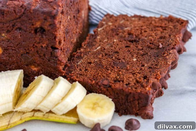 Decadent Double Chocolate Banana Loaf 2 A perfectly baked loaf of Double Chocolate Banana Bread, rich brown with melted chocolate chips visible on top, resting on a cooling rack.