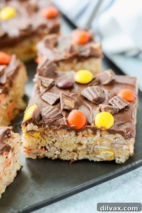 Reese's Peanut Butter Krispie Crunch 5 A pan full of Reese's Peanut Butter Rice Krispies Treats, ready to be cut and served.