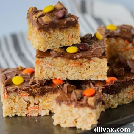 Reese's Peanut Butter Krispie Crunch 9 Reese's Peanut Butter Rice Krispies Treats, fully prepared and ready to serve.