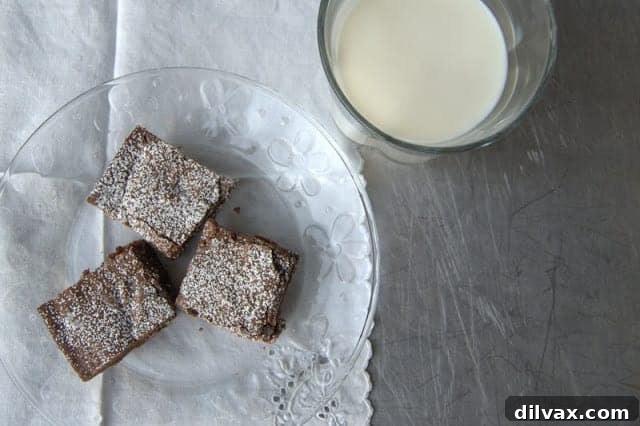 Grown-Up Brownies 5 Finished Bailey's Irish Cream brownies, dusted with confectioners' sugar, ready to be served.