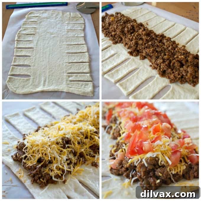 Twisted Taco Bake 5 Pizza dough with parallel slices cut into the sides, creating strips ready for braiding, with space in the center for the taco filling.