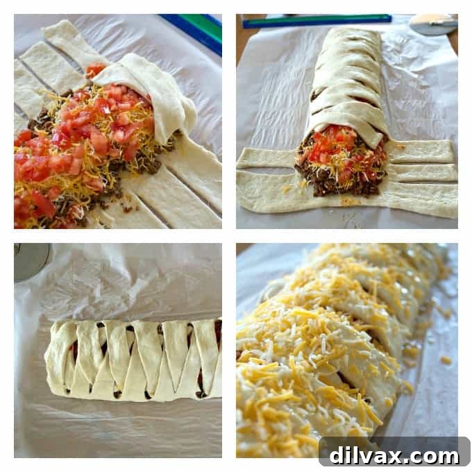 A golden-brown Taco Braid on a cutting board, freshly baked and ready to be sliced, garnished with fresh lettuce and tomatoes.