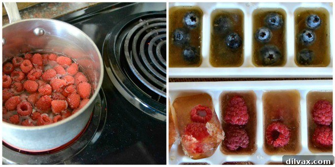 A close-up shot of homemade raspberry syrup being prepared in a saucepan, highlighting fresh ingredients.