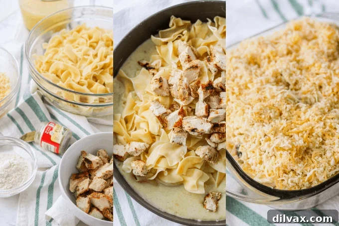 Process steps for making Chicken Noodle Casserole, showcasing the creamy mixture.