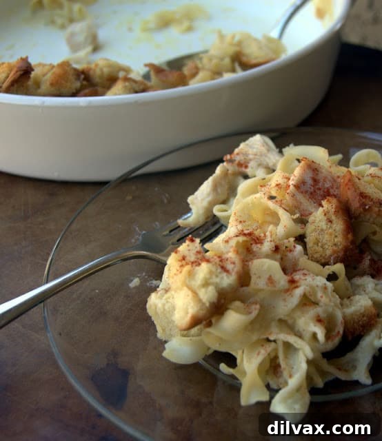 Close-up of golden, cheesy topping on Chicken Noodle Casserole.