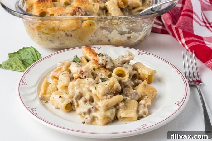 Rich Rigatoni Alfredo with Zesty Italian Sausage 2 Sausage Alfredo Rigatoni, a comforting pasta dish with creamy sauce and flavorful sausage.
