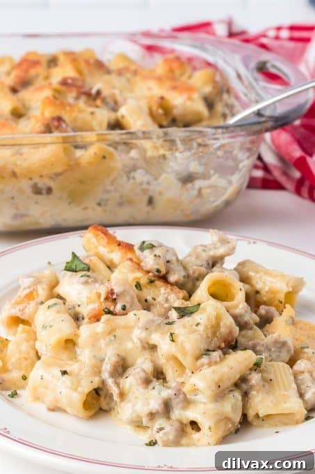 Creamy Sausage Alfredo Rigatoni 3 Close-up of a serving of baked Sausage Alfredo Rigatoni