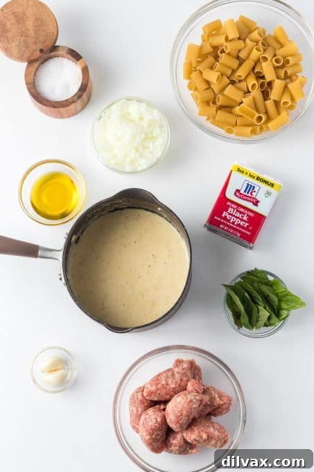 Rich Rigatoni Alfredo with Zesty Italian Sausage 4 Ingredients for Sausage Alfredo Rigatoni laid out on a table.