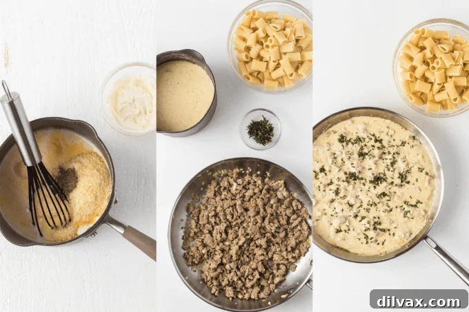 Creamy Sausage Alfredo Rigatoni 5 Step-by-step process photos for making Sausage Alfredo Rigatoni