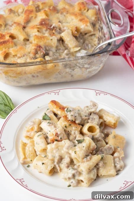 Creamy Sausage Alfredo Rigatoni 8 Baked Rigatoni Alfredo with sausage, ready to be stored