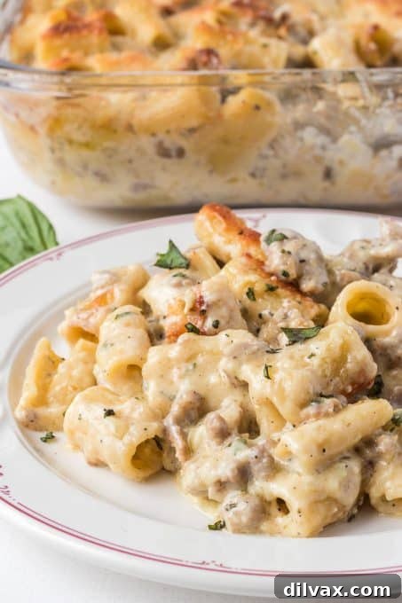 Creamy Sausage Alfredo Rigatoni 9 Close-up of freshly baked Sausage Alfredo Rigatoni, ready to serve