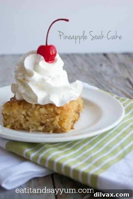 Pineapple Nectar Cake 3 Close-up of a slice of Pineapple Soak Cake showing its moist, tender crumb and the rich milk sauce absorption.