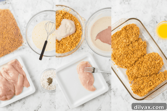 Step-by-step process of preparing Cornflake Chicken, showing crushing cornflakes, mixing ingredients, and coating chicken