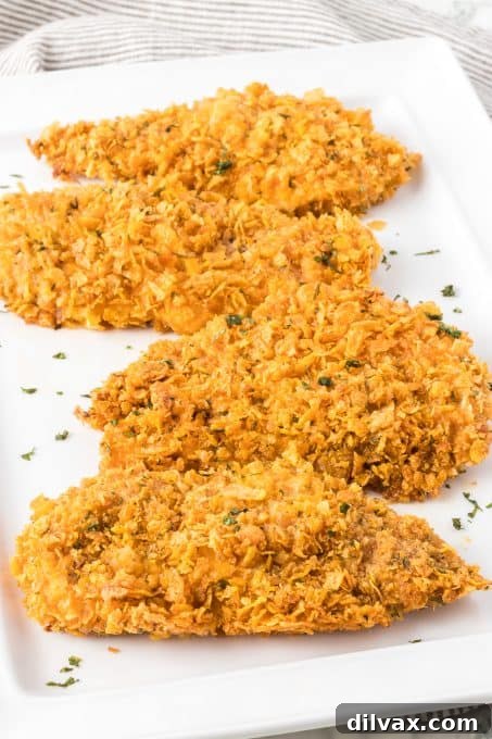 Chicken coated with an easy cornflake seasoned coating, ready for baking.