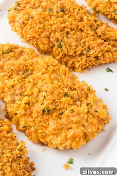A stack of perfectly golden, crispy Corn Flake coated chicken breasts on a white serving plate