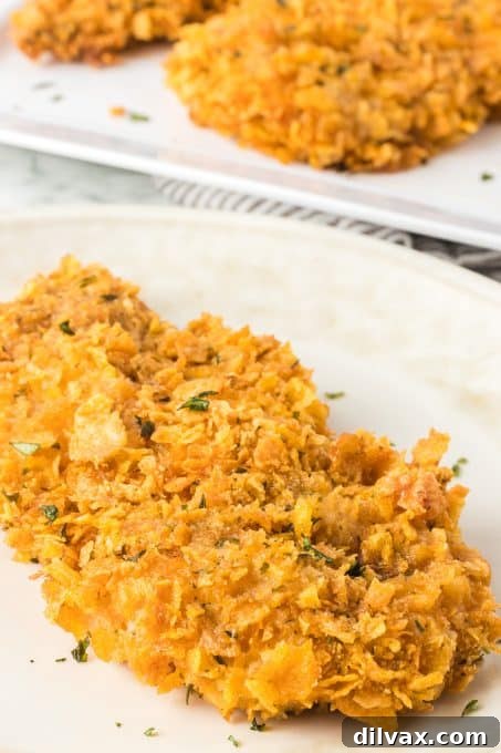 Plated Corn Flake Baked Chicken Breast, garnished with parsley.