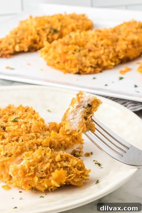 Close-up of a piece of perfectly cooked Cornflake Chicken, highlighting its crunchy exterior and seasoning