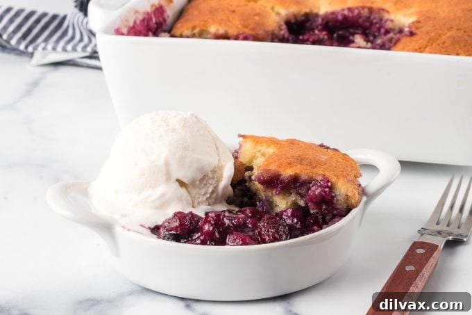 Delicious Triple Berry Cobbler, fresh from the oven, with a golden biscuit topping and bubbling berry filling.