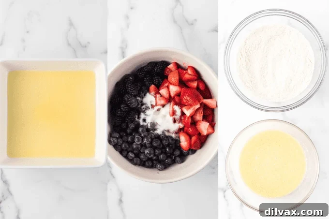 Rustic Berry Bake 5 First steps of making Berry Cobbler: berries being mixed with sugar, and butter melted in a baking dish.