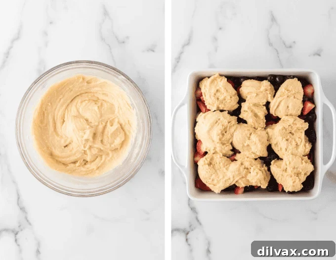 Rustic Berry Bake 6 Second set of process photos for Berry Cobbler: mixing wet and dry ingredients for the topping, and dolloping the batter over the fruit.
